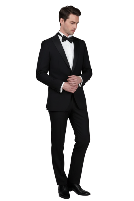 Raphael Solid Black Classic Fit With Black Satin Peak Lapels Tuxedo Suit
