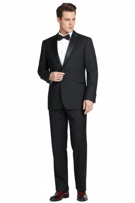 Raphael Solid Black Classic Fit 100% Wool Two Button Notch Lapel Tuxedo Suit