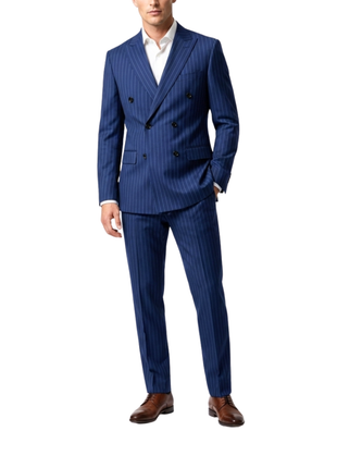 Centrion Mens Blue Pinstripe Slim Fit Peak Lapels Double Breasted Wool Suit - The Suit Depot