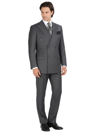 Apollo King Men's Double-Breasted Grey Pinstriped Peak Lapel Classic Fit 3-Piece Suit