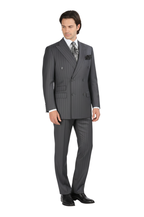 Apollo King Men's Double-Breasted Grey Pinstriped Peak Lapel Classic Fit 3-Piece Suit