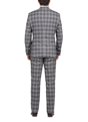 English Laundry Windowpane Check Gray Slim Fit Peak Lapel Stretch 2 Button Suit