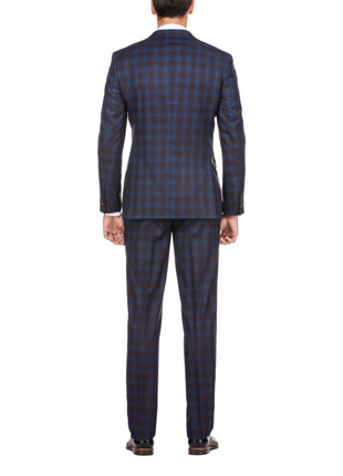 English Laundry Mens Navy with Brown Check Slim Fit Peak Lapel 2 Button Stretch Suit