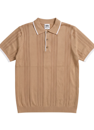 Lavane N.Y. Mens Khaki Brown Knit Short Sleeve Polo Sweater Shirt