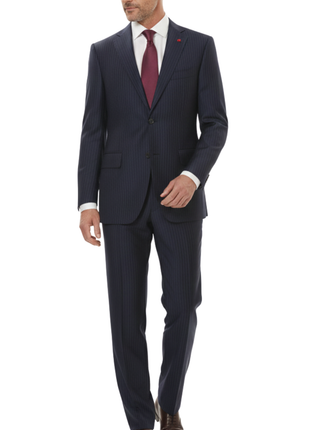 Isaia Mens 42R Drop 8 Navy Pinstripe 100% Wool Slim Fit 2 Piece Suit