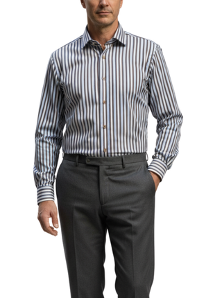 Proper Shirtings Stripe Brown and Blue Contemporary Fit Cotton Spread Collar Wrinkle Free Dress Shirt