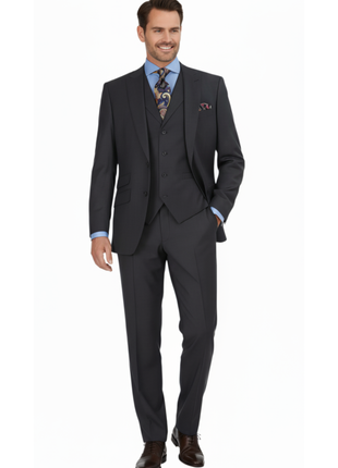 Apollo King Mens Charcoal Striped Peak Lapel Classic Fit 3-Piece Wool Suit