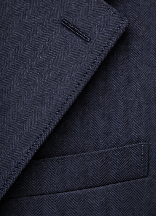 Centrion Mens Dark Blue Herringbone Stripe Notch Lapels Slim Fit 2 Button Wool Suit