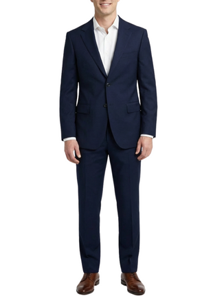 Centrion Mens Solid Navy Blue Fine Textured Weave Classic Fit Notch Lapels 2 Button Wool Suit