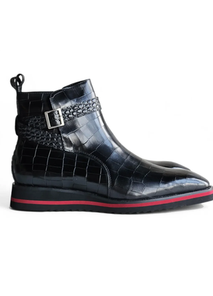 Carrucci Vesper Black Croc Embossed Leather Cross Strap Wedge Boots - The Suit Depot