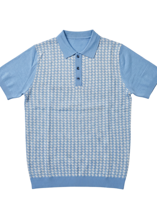 Lavane N.Y. Mens Sky Blue Houndstooth Knit Short Sleeve Polo Sweater Shirt
