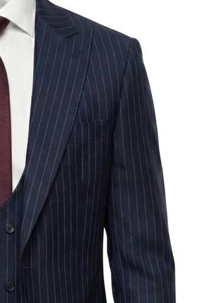 Mazara Mens Navy Rope Striped Classic Fit Peak Lapel 3-Piece Wool Suit
