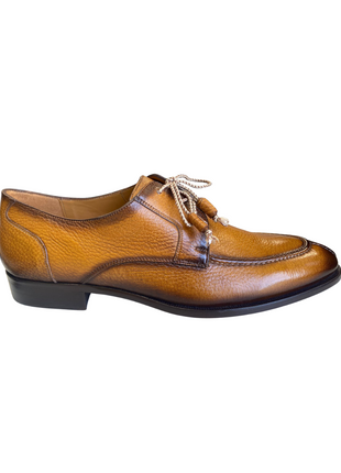 Mezlan Fratello Cognac Pebbled Leather Apron Toe Derby Dress Shoes