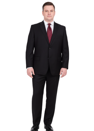 Men's Portly Fit Executive Cut Solid Black Two Button 2 Piece Wool Suit