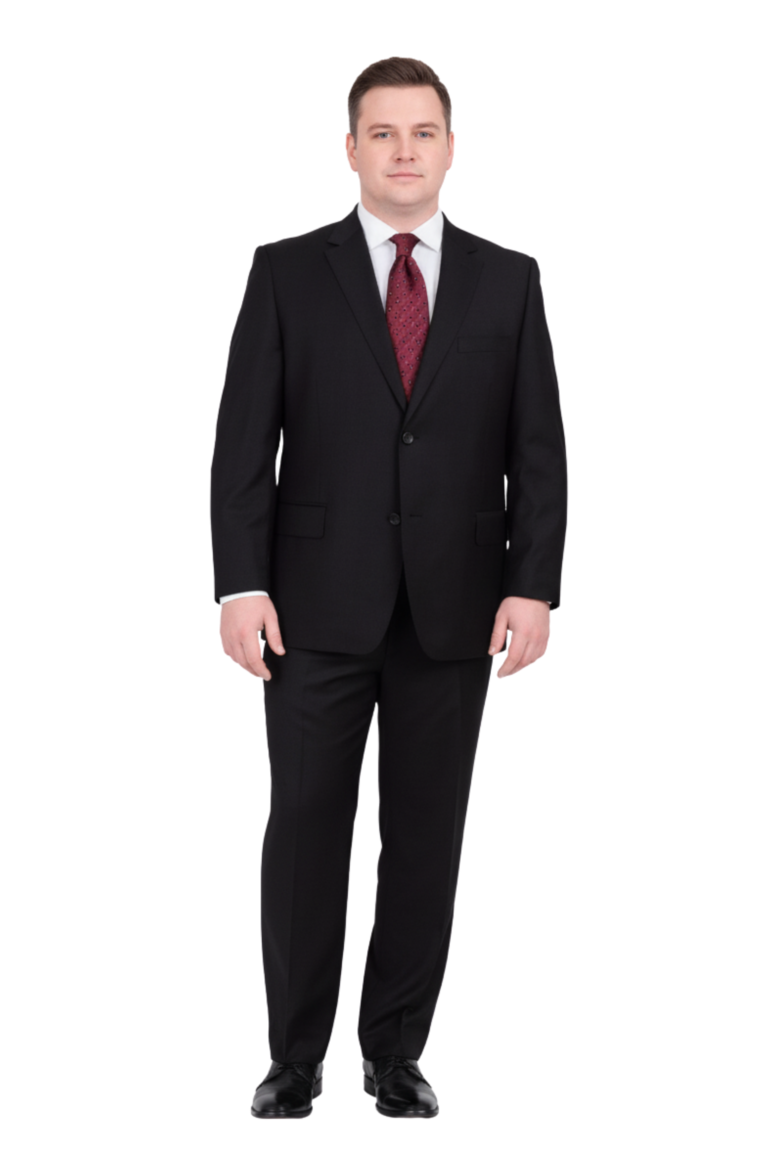 Men's Portly Fit Executive Cut Solid Black Two Button 2 Piece Wool Suit Men's Portly Fit Executive Cut Solid Black Two Button 2 Piece Wool Suit