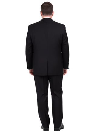 Men's Portly Fit Executive Cut Solid Black Two Button 2 Piece Wool Suit