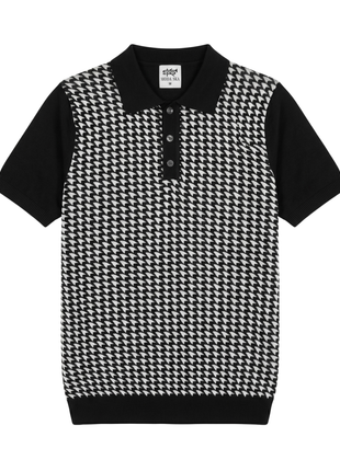 Lavane N.Y. Mens Black Houndstooth Knit Short Sleeve Polo Sweater Shirt