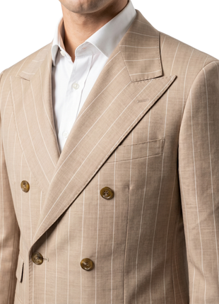 Bergamo Beige Pinstripe Modern Fit Peak Lapel Double-Breasted Wool Suit