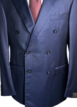 Corneliani Mens Solid Navy Blue Fully-Canvassed Peak Lapels Slim Fit Double Breasted Wool Suit - 42R - The Suit Depot