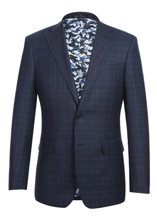English Laundry Mens Navy Windowpane Plaid Slim Fit Notch Lapel 2 Button Wool Suit