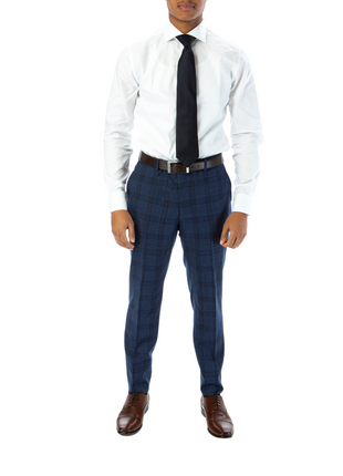 Sartoria Mazara Mens Slim Fit Navy Blue With Burgundy Check 100% Wool Suit With Peak Lapels