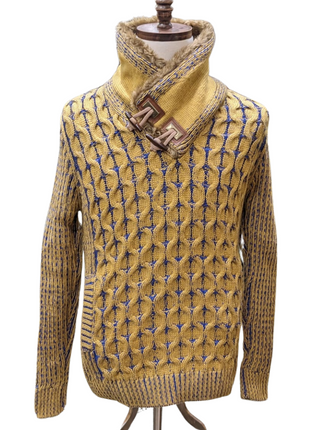 Young Republic Mens Mustard Yellow & Blue Cotton Blend Shawl Neck Aran Sweater