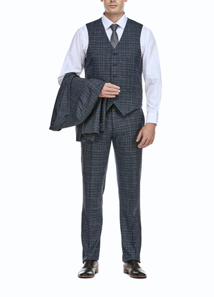 English Laundry Windowpane Blue Denim Style Slim Fit Notch Lapel Stretch 3-Piece Suit