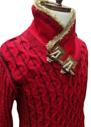 Young Republic Solid Red Cotton Blend Shawl Neck Aran Sweater with Faux Fur Collar - The Suit Depot