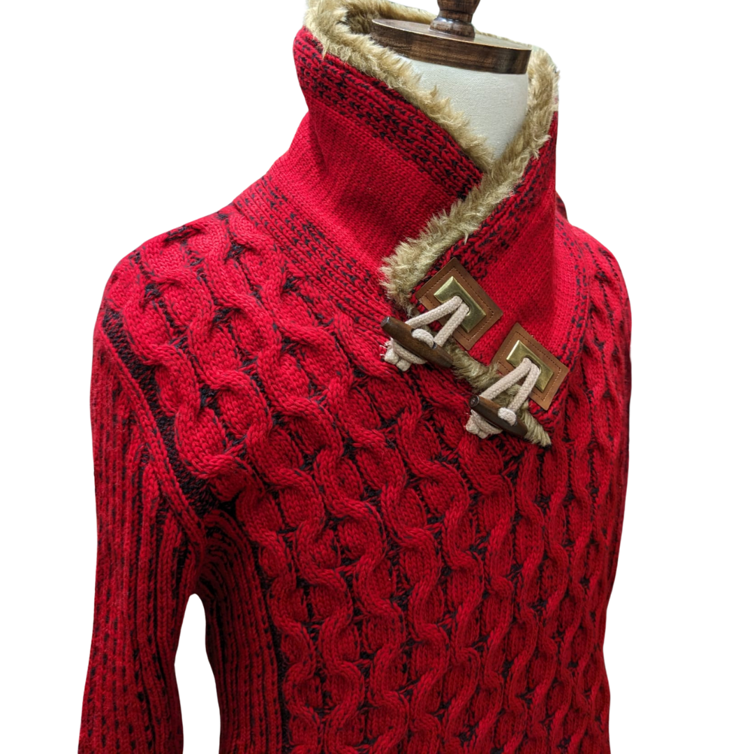 Young Republic Solid Red Cotton Blend Shawl Neck Aran Sweater with Faux Fur Collar