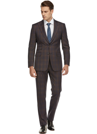 English Laundry Mens Plaid Navy With Brown Slim Fit Peak Lapel Stretch 2 Button Suit