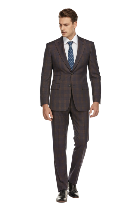 English Laundry Mens Plaid Navy With Brown Slim Fit Peak Lapel Stretch 2 Button Suit