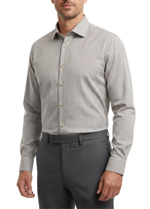 Mens Micro-Check Brown and White Contemporary Fit Cotton Blend Stretch Spread Collar Dress Shirt