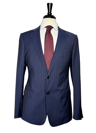 Armani Collezioni S-Line Blue With Burgundy Pinstriped Notch Lapel Wool 2-Button Suit - 36R