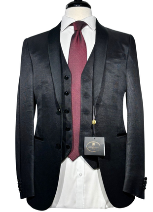 Corneliani Mens Black Textured Fully-Canvassed Shawl Lapel Classic Fit 3-Piece Tuxedo Suit - 36S
