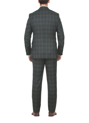 English Laundry Mens Gray With Green Plaid Slim Fit Peak Lapel 2 Button Stretch Suit