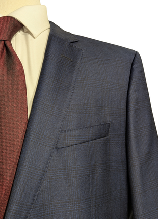 Hugo Boss Super 120s Navy Blue Plaid Windowpane Slim Fit Notch Lapels Wool 2-Button Suit - 44R