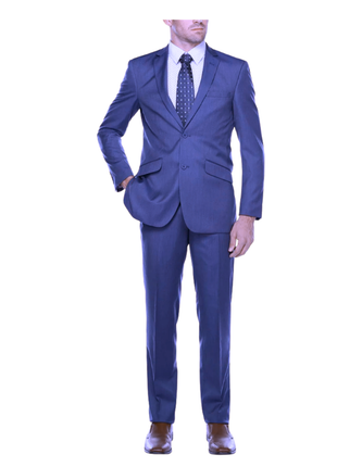 Raphael Blue Textured Slim Fit Notch Lapel Patch Pockets Two Button Stretch Travel Suit