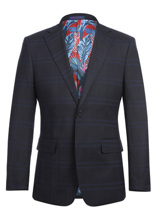 English Laundry Mens Navy Windowpane Slim Fit Notch Lapel 2 Button Stretch Suit
