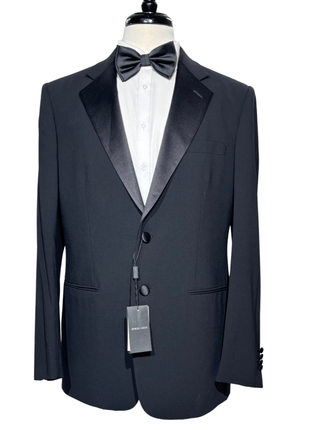 Giorgio Armani Solid Black With Satin Notch Lapel Classic Fit 2-Button Wool Tuxedo 42R - The Suit Depot