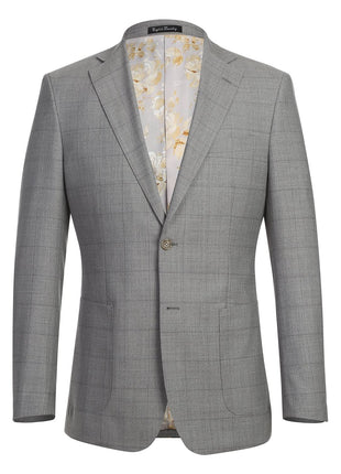 English Laundry Grey Windowpane Plaid Slim Fit Notch Lapel 2 Button Wool Suit