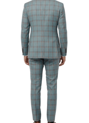 Berragamo Elegant Mens Light Blue with Tan Windowpane Slim Fit 2 Button Wool Suit