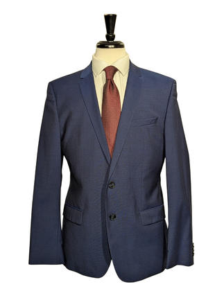 Hugo Boss Blue Textured Solid Super 100 Wool Notch Lapel Two-Button Suit 42S