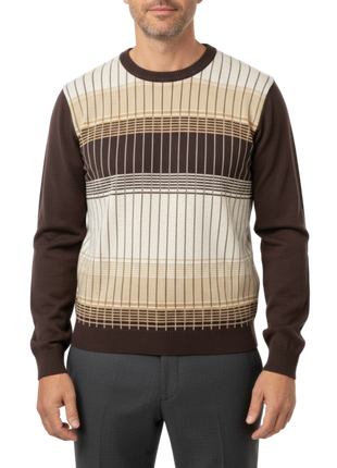 Lavane N.Y. Brown & Tan Striped Colorblock Knit Crewneck Sweater