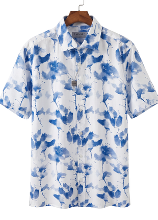 Lavane Mens White & Blue Floral Spread Collar Short Sleeve Button-Up Shirt