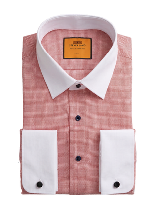 Steven Land Red Glen Plaid Spread Collar French Cuffs Wrinkle & Shrink Free Cotton Dress Shirt