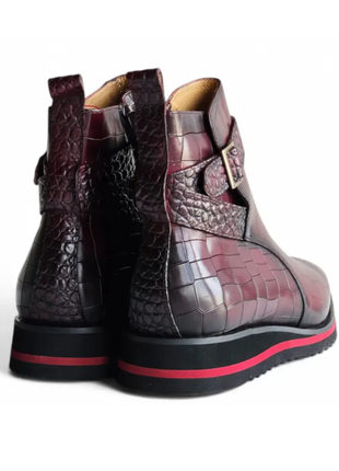 Carrucci Vesper Burgundy Croc Embossed Leather Cross Strap Wedge Boots