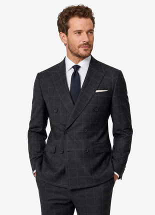 Mazara Mens Black With Gray Windowpane Slim Fit Double-Breasted Wool Suit