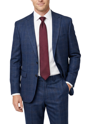 Centrion Mens Navy Blue Plaid Classic Fit Peak Lapels 2 Button Wool Suit - The Suit Depot