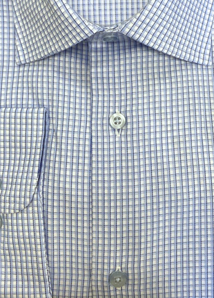 Mens Check Blue And White Contemporary Fit Cotton Blend Stretch Spread Collar Dress Shirt