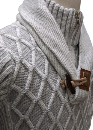 Young Republic Solid Light Gray Ecru Cotton Blend Shawl Neck Aran Sweater